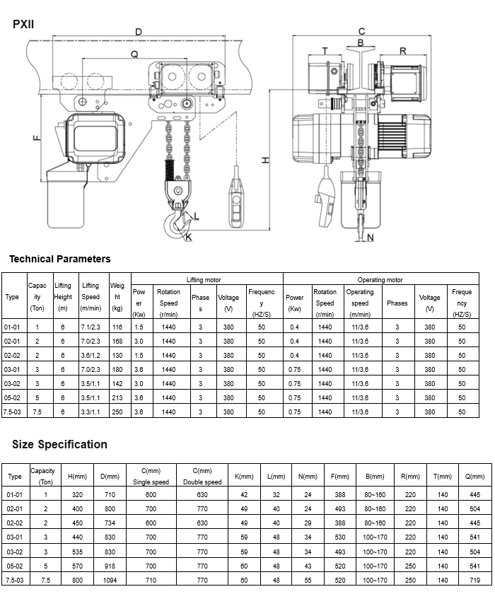 Elektrokettenzug mit geringer Bauhoehe_technische Parameter